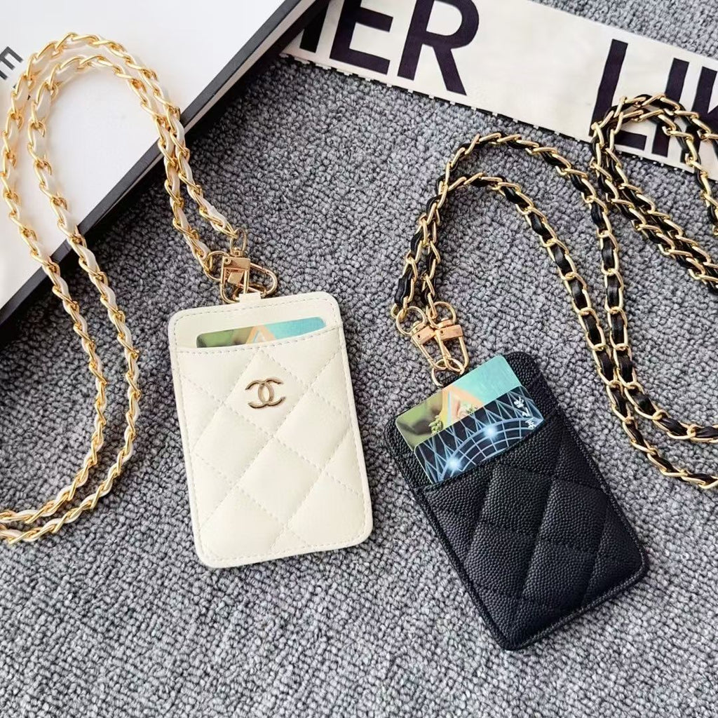 cc Quilted Leather Card Holder with Chain Strap Luxury Designer Card Case
