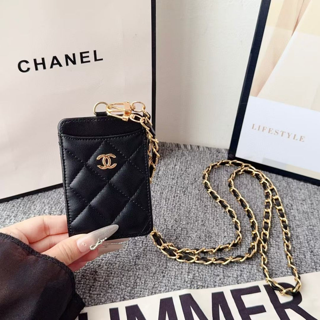 cc Quilted Leather Card Holder with Chain Strap Luxury Designer Card Case