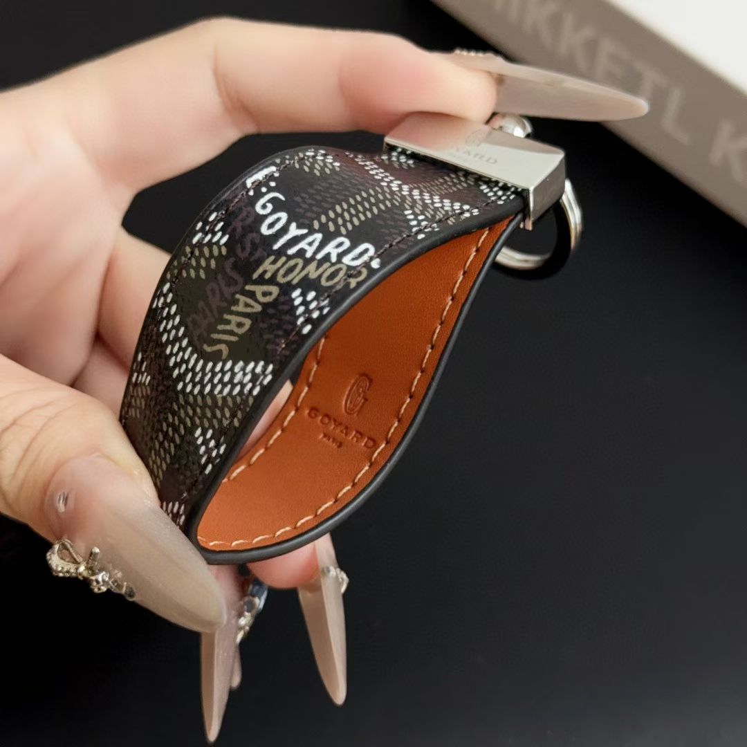 Goyard Signature Canvas Keychain with Leather Strap Luxury Designer Key Holder Available in 7 Colors