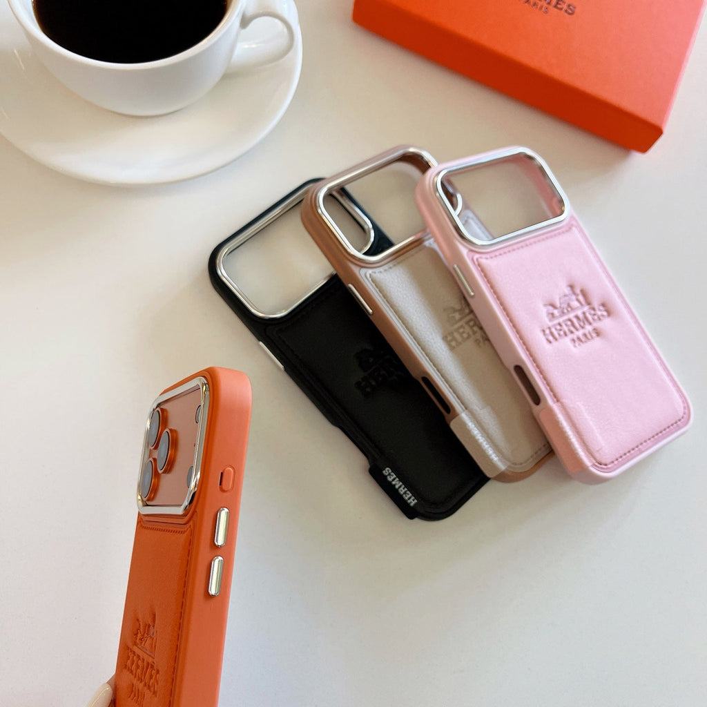 Hermès Leather Wallet Phone Case with Card Holder for iPhone 13 to iPhone 17 Pro Max