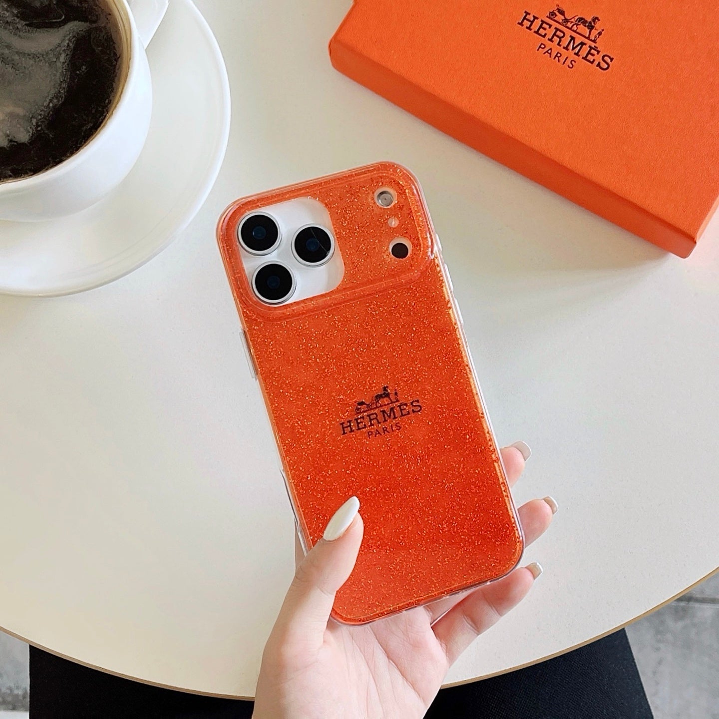 Hermès Glitter Clear Phone Case for iPhone 13 to iPhone 17 Pro Max Luxury Designer Back Cover