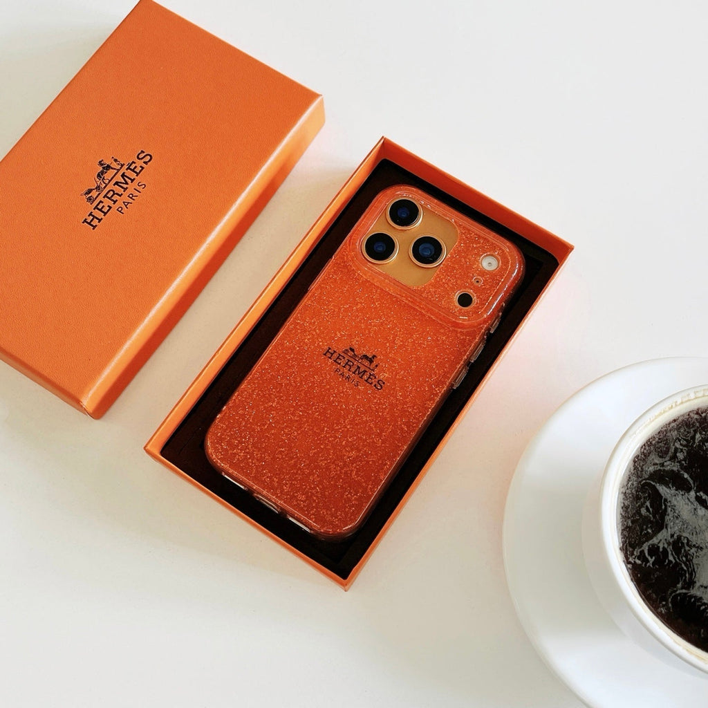 Hermès Glitter Clear Phone Case for iPhone 13 to iPhone 17 Pro Max Luxury Designer Back Cover