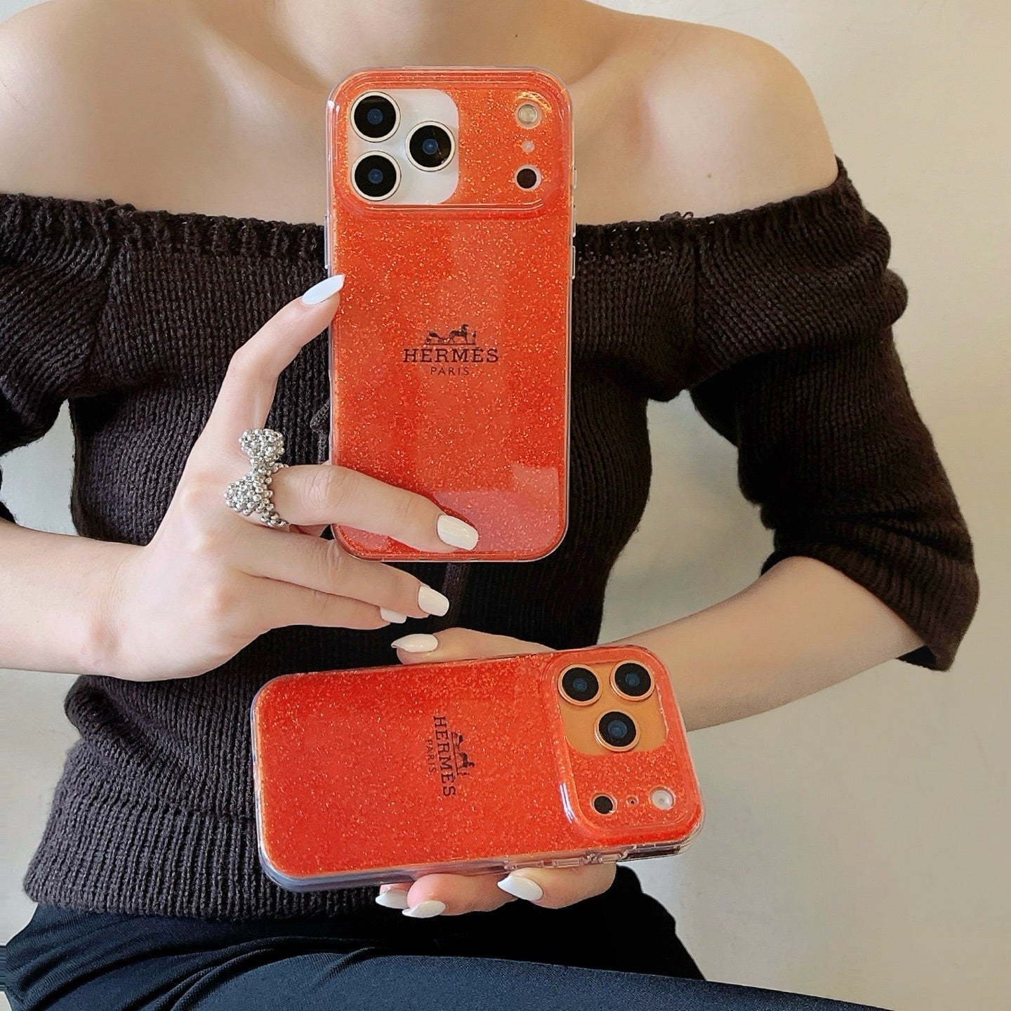 Hermès Glitter Clear Phone Case for iPhone 13 to iPhone 17 Pro Max Luxury Designer Back Cover