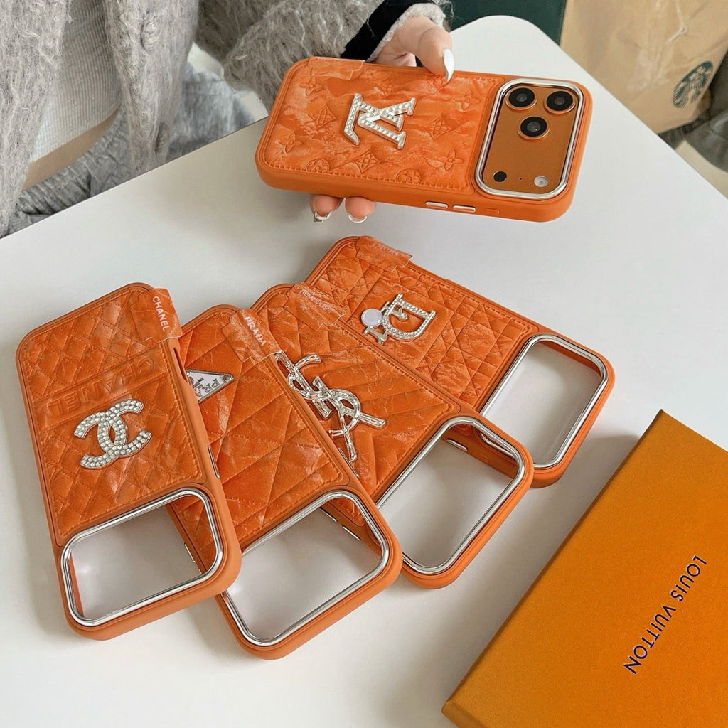 louis vuitton and gucci Leather Phone Case with Metal Logo for iPhone 13 to iPhone 17 Pro Max
