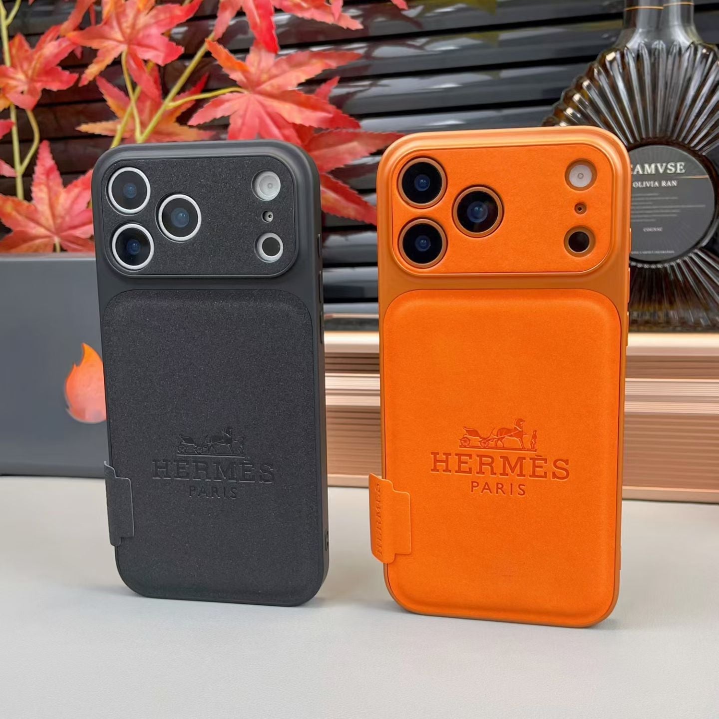 Hermès Leather Card Holder Phone Case for iPhone 14 to iPhone 17 Pro Max