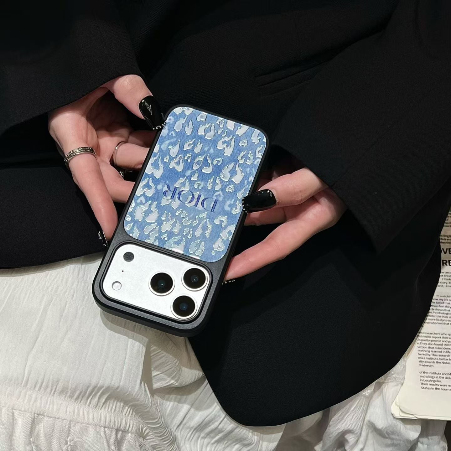 Dior Inspired Blue Pattern Phone Case for iPhone 14 to iPhone 17 Pro Max