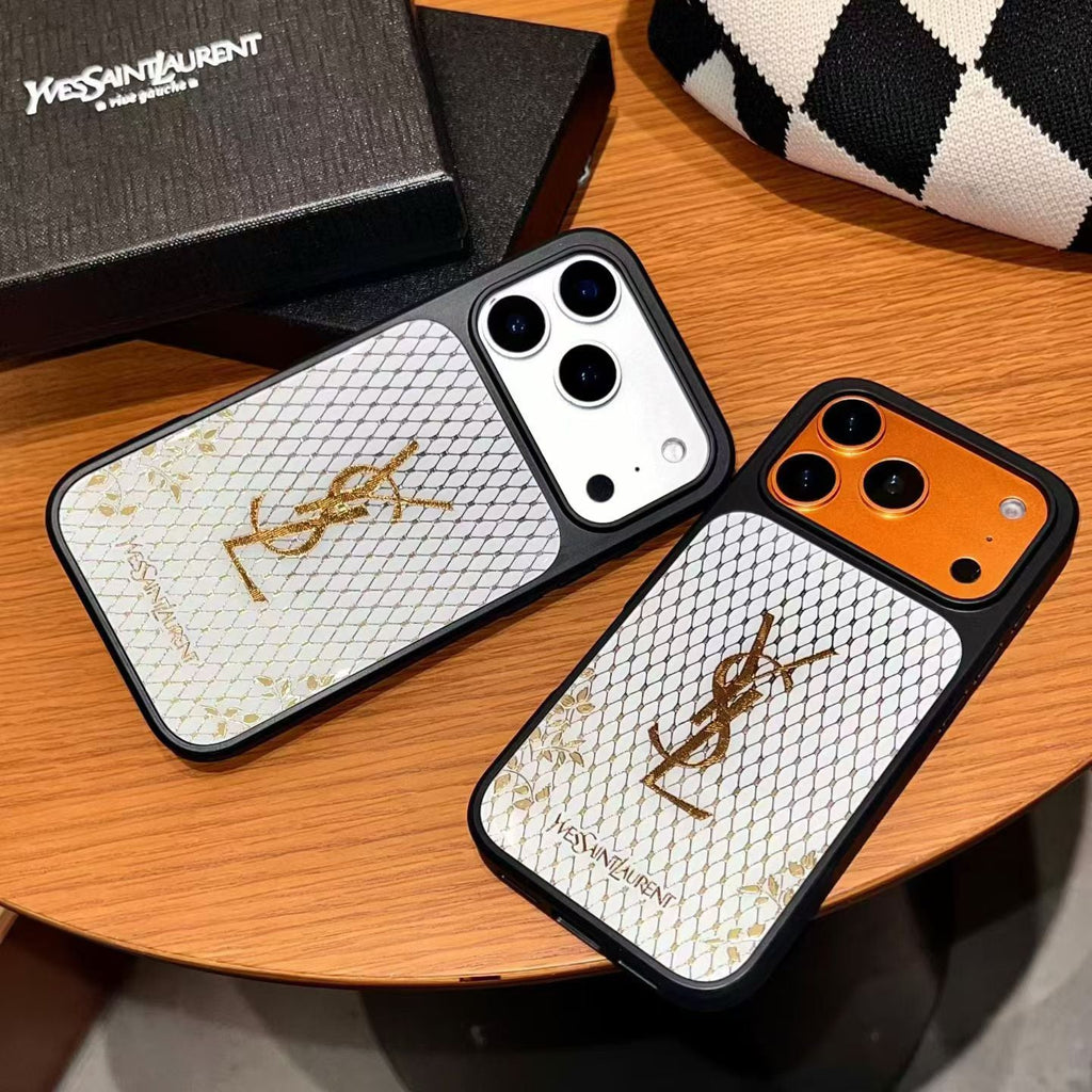YSL Golden Signature Case Parisian Luxury Style for iPhone 14 to 17 Pro Max
