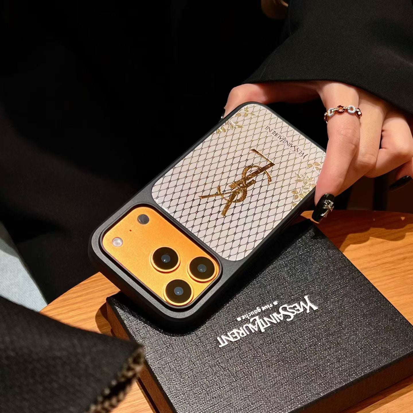 YSL Golden Signature Case Parisian Luxury Style for iPhone 14 to 17 Pro Max