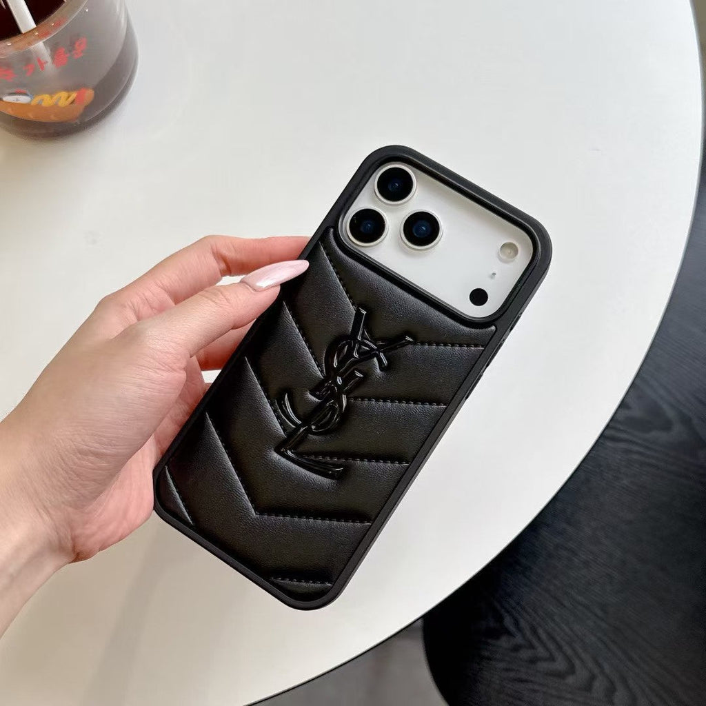 Yves Saint Laurent Quilted Logo Luxury Case for iPhone 13 to 17 Pro Max
