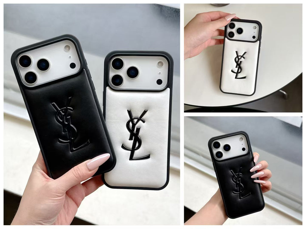 Yves Saint Laurent Quilted Logo Luxury Case for iPhone 13 to 17 Pro Max