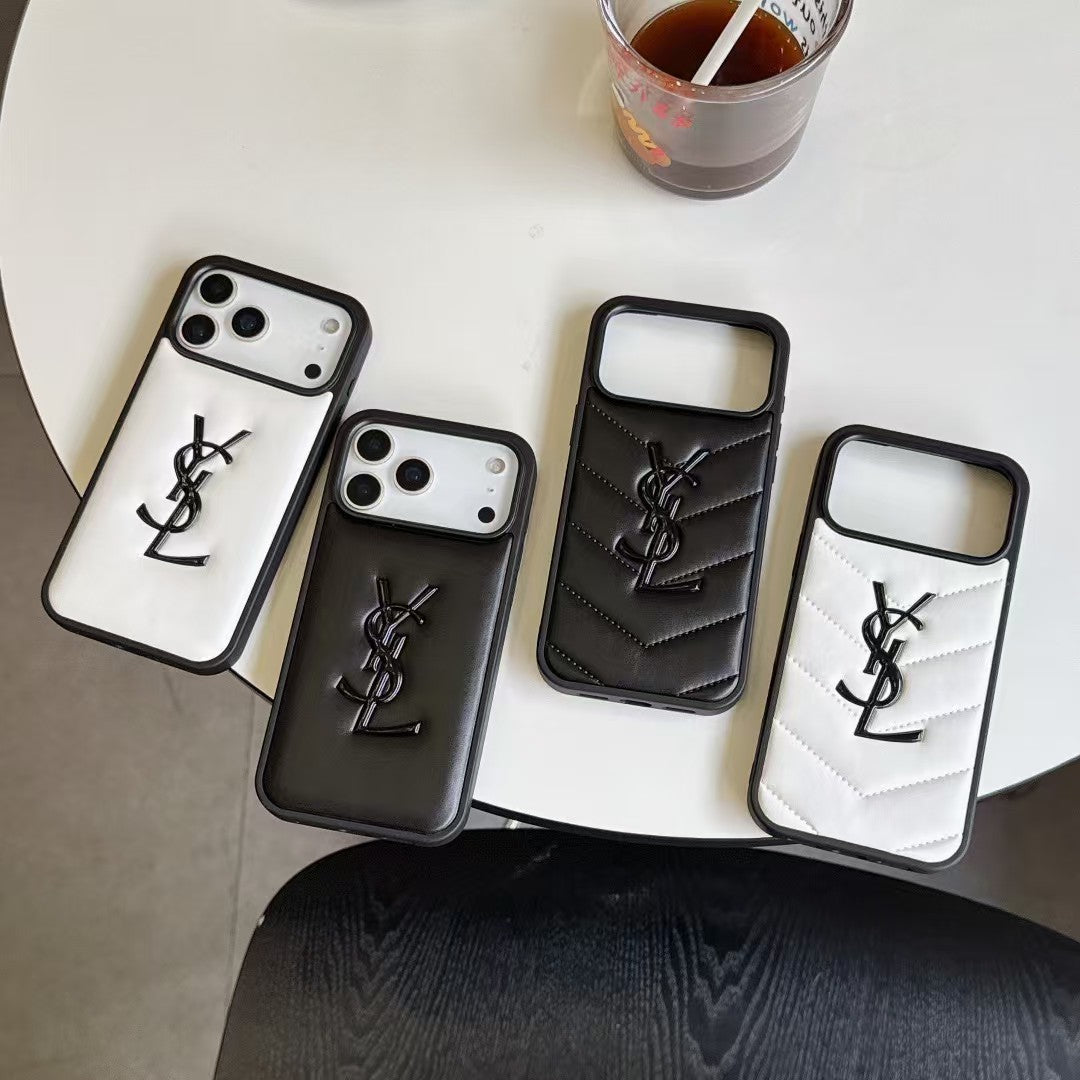 Yves Saint Laurent Quilted Logo Luxury Case for iPhone 13 to 17 Pro Max