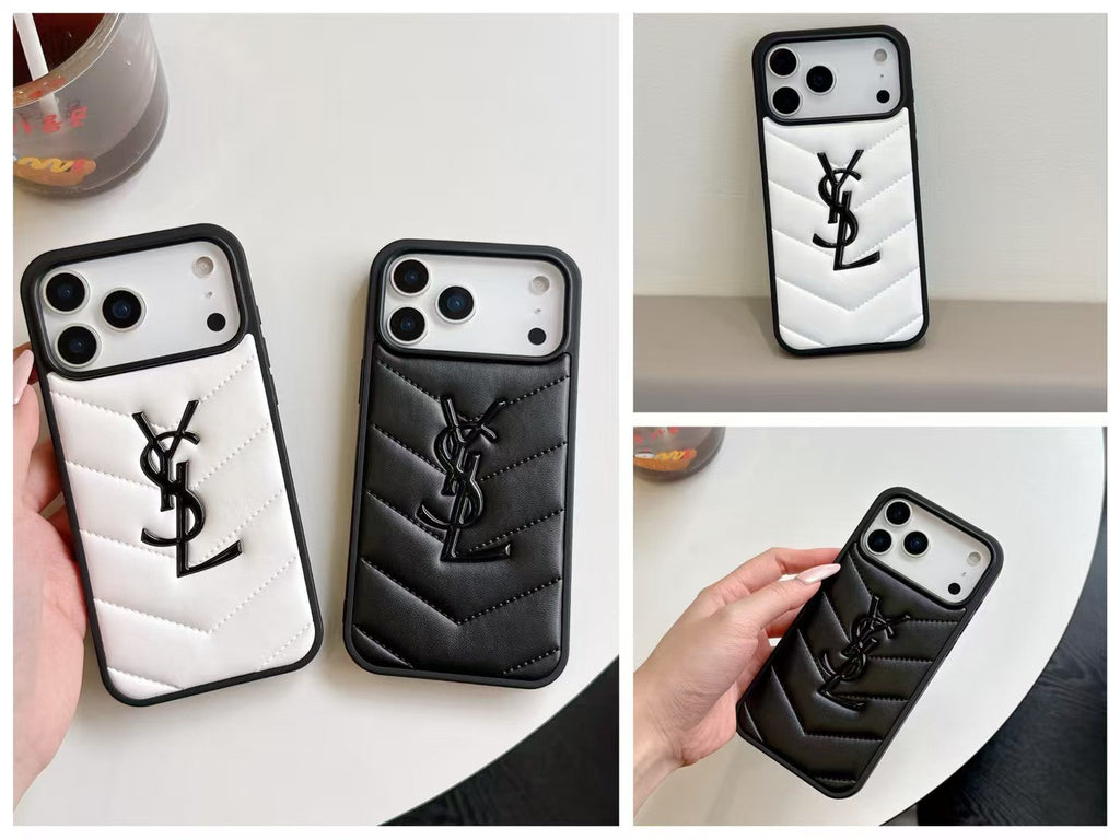 Yves Saint Laurent Quilted Logo Luxury Case for iPhone 13 to 17 Pro Max