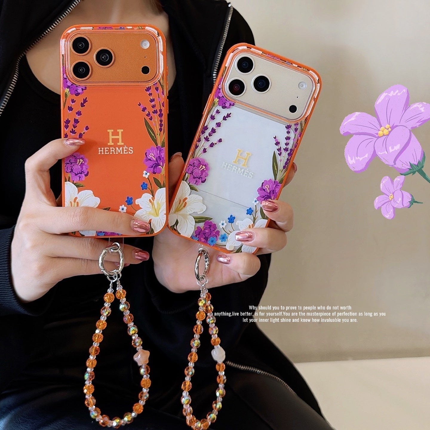 Hermès Floral Signature Case with Wrist Charm for iPhone 13 to 17 Pro Max