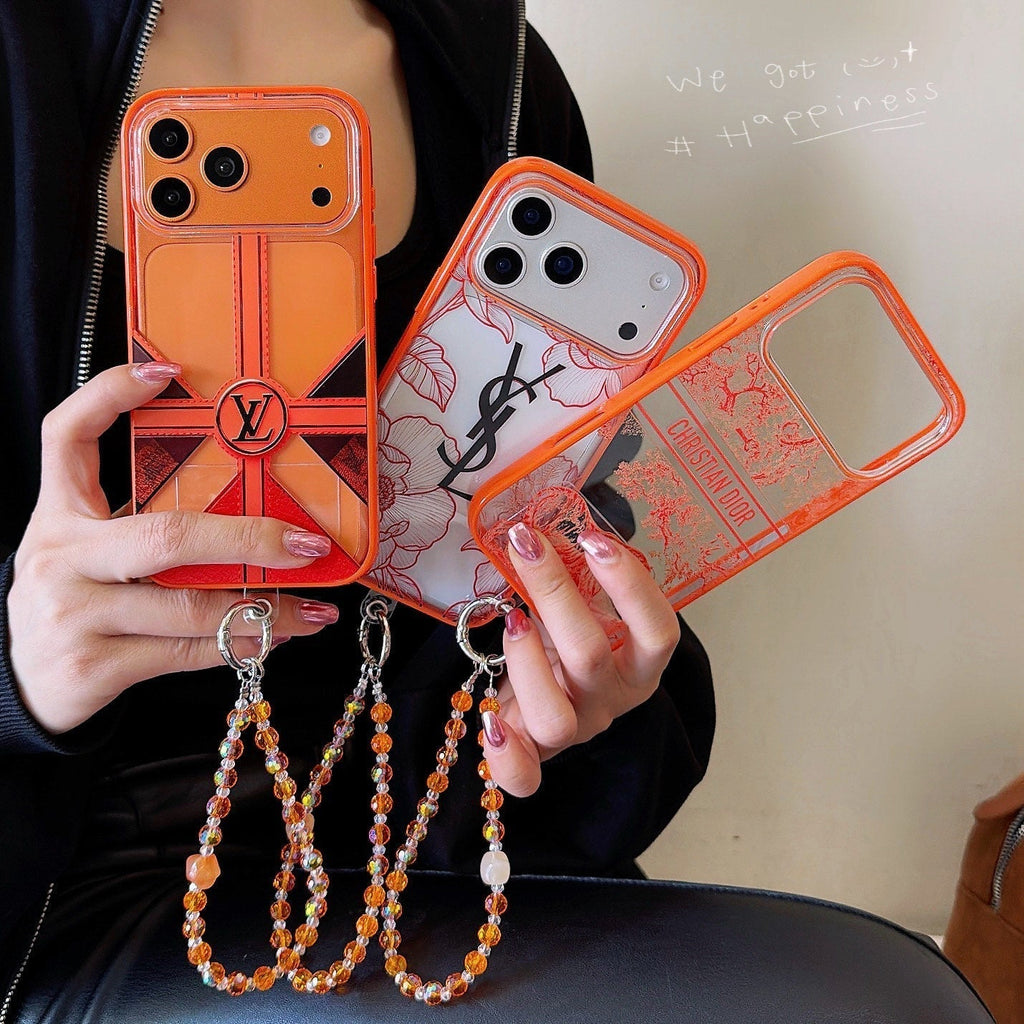 louis vuitton and Dior Orange Aesthetic Wrist Chain Case for iPhone 14 to 17 Pro Max