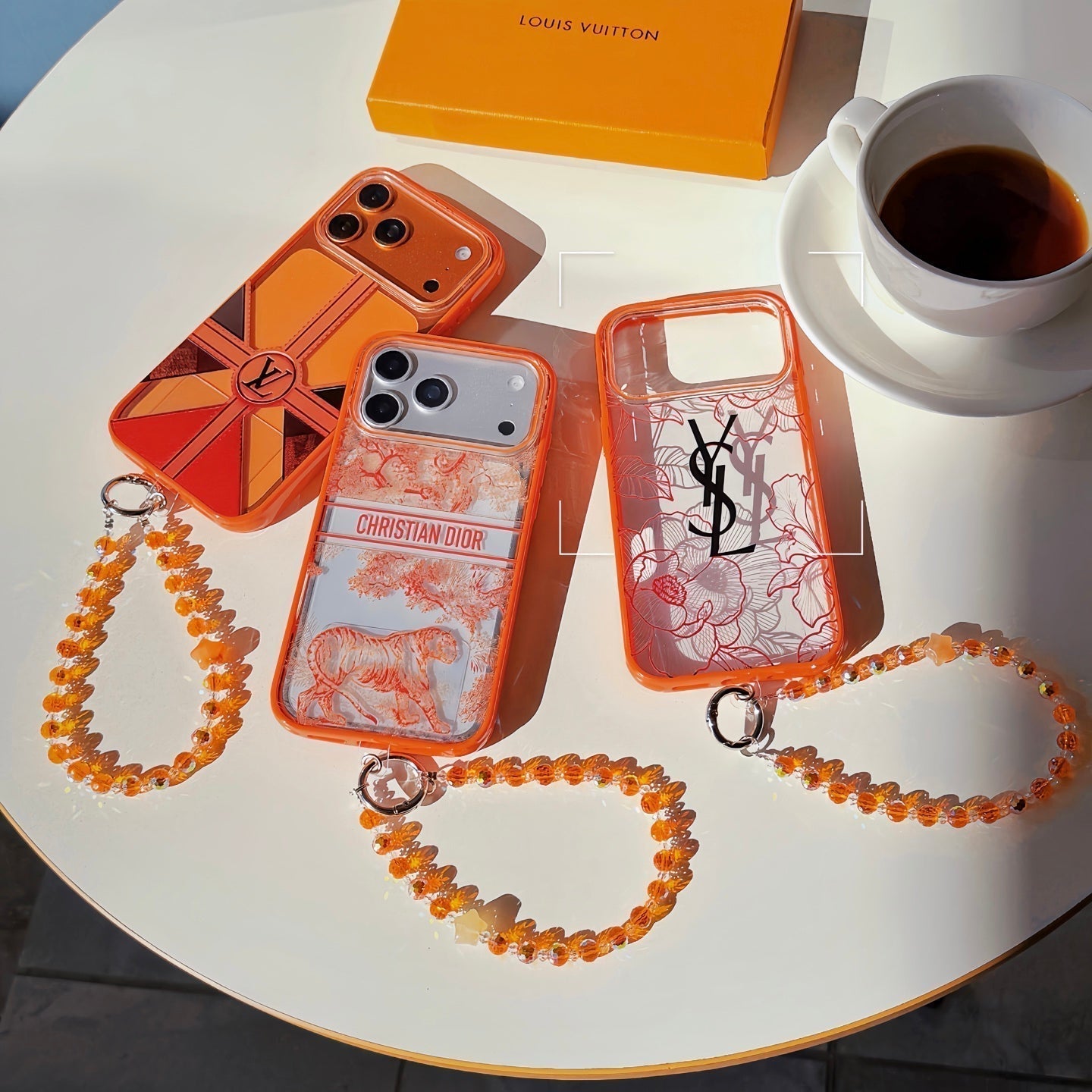 louis vuitton and Dior Orange Aesthetic Wrist Chain Case for iPhone 14 to 17 Pro Max