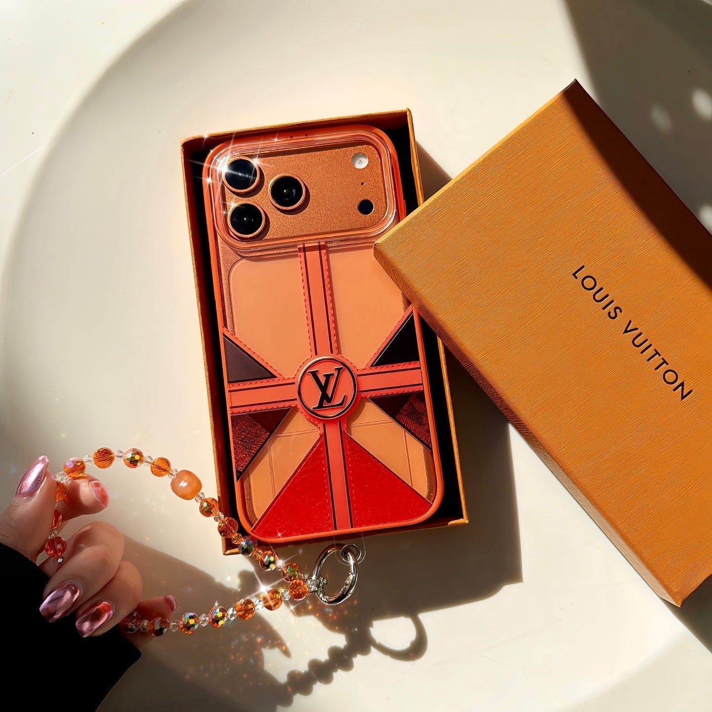 louis vuitton and Dior Orange Aesthetic Wrist Chain Case for iPhone 14 to 17 Pro Max