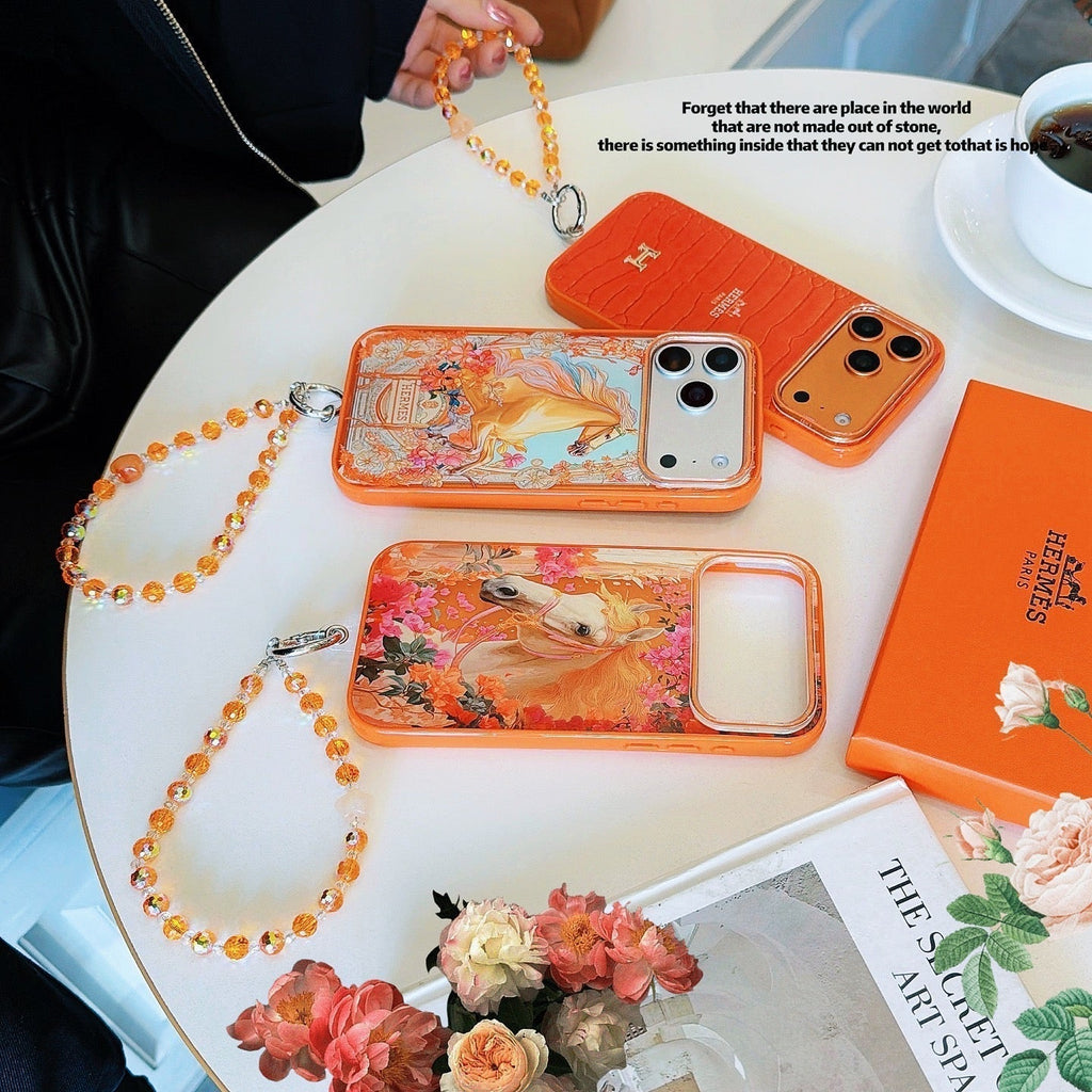 Hermès Horse Art Orange Designer iPhone Case with Wrist Chain Descript