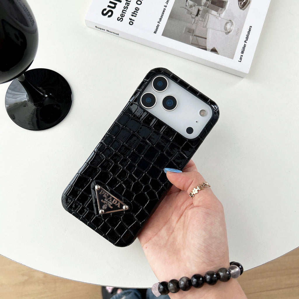 Prada Crocodile-Embossed Phone Case for iPhone 17 with Iconic Metal Triangle Logo