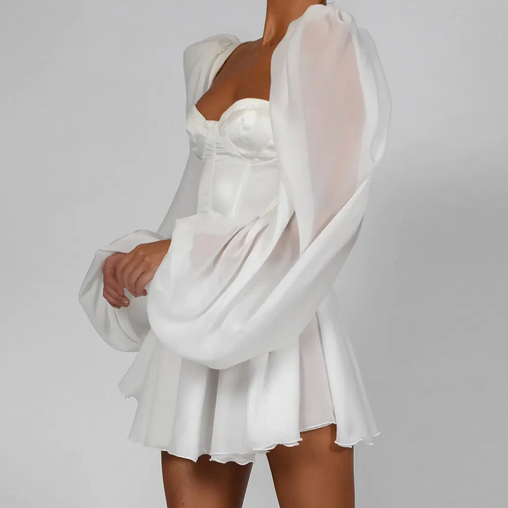 White Chiffon Bodycon Dress – Lantern Sleeves, Elegant Fit