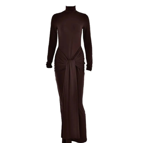 Brown Turtleneck Maxi Dress – Long Sleeve, Tie Waist, Bodycon Fit