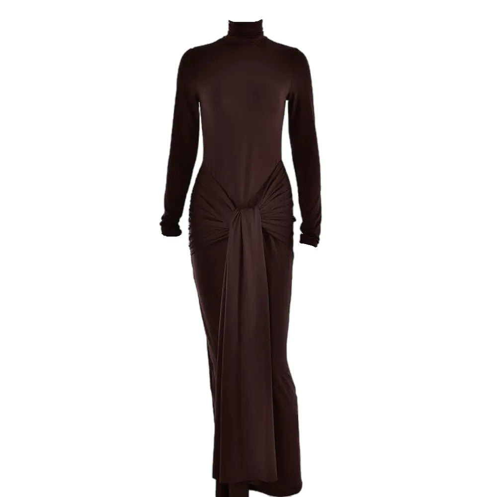 Brown Turtleneck Maxi Dress – Long Sleeve, Tie Waist, Bodycon Fit