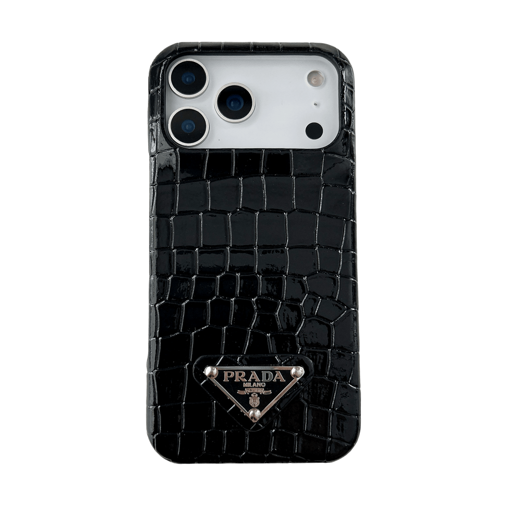 HypedEffects Prada Crocodile-Embossed Phone Case for iPhone 17 with Iconic Metal Triangle Logo