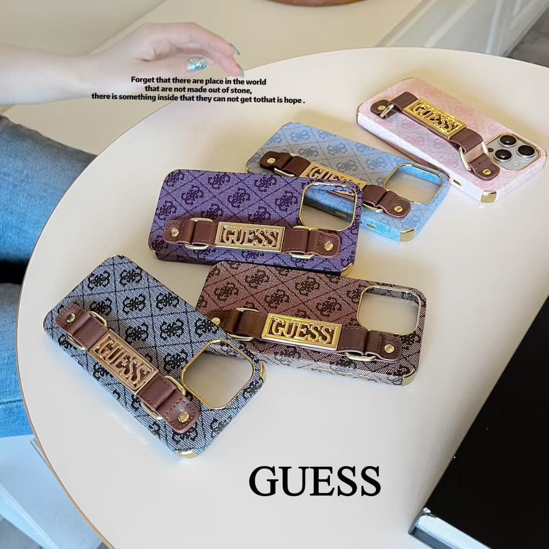 Tunde Store GUESS Monogram Canvas Strap iPhone Case with Gold Logo Plate