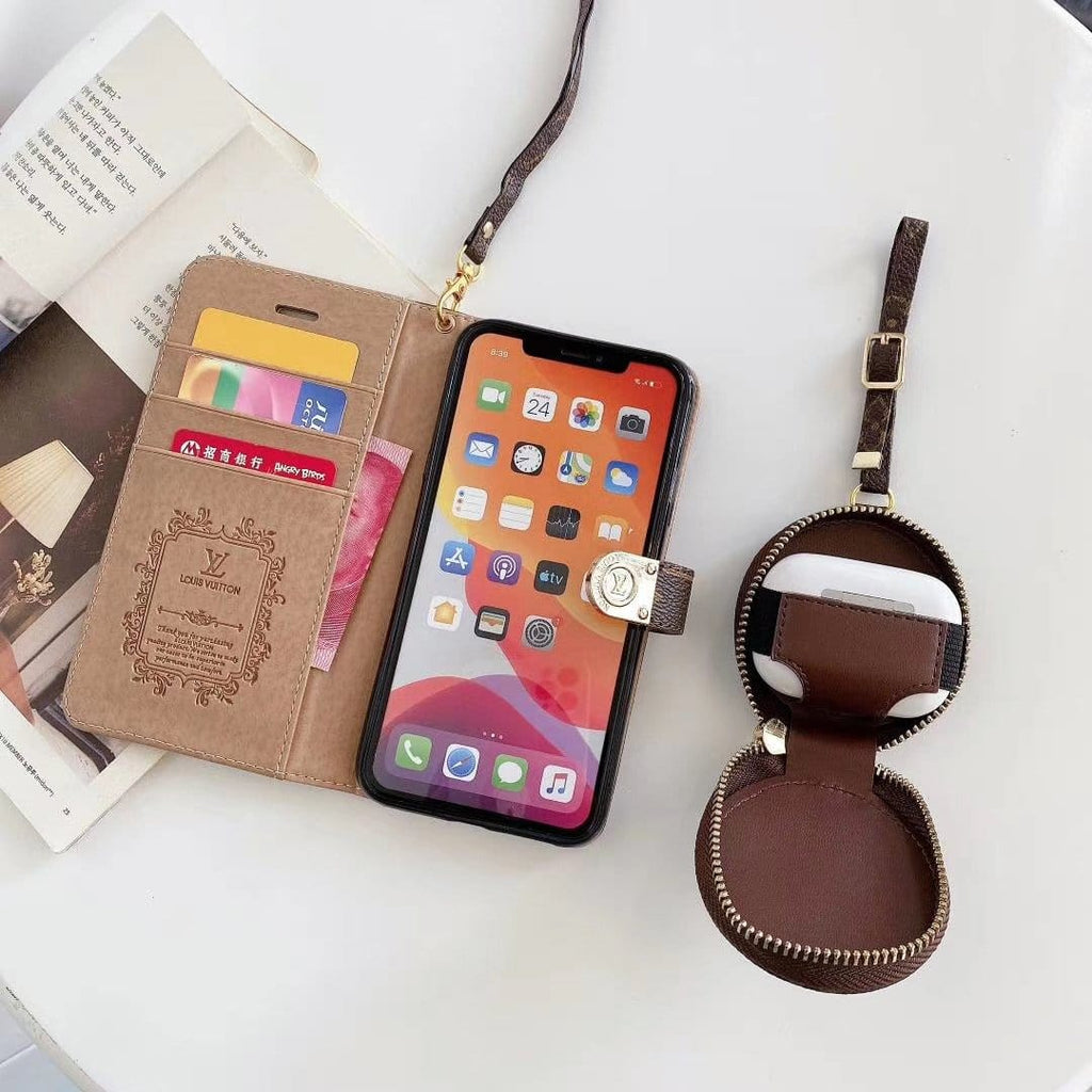 Tunde Store Leather Folio Louis Vuitton And Gucci iPhone Case for iphone 12, iphone 13 + FREE AIRPODS PRO CASE