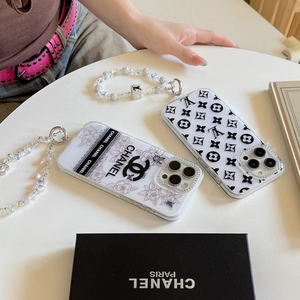 Tunde Store Luxury Monochrome iPhone Case Set – Louis Vuitton & Chanel Inspired with Beaded Strap